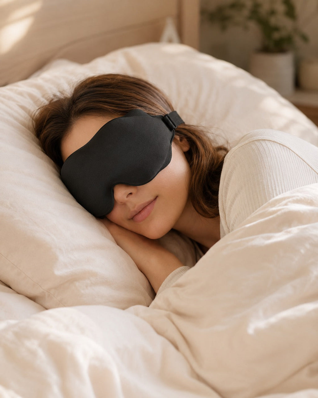 Frau schläft entspannt mit LumaMask Schlafmaske im Bett